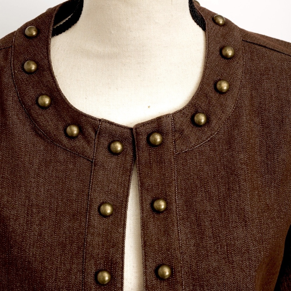 Chocolate denim jacket with antique gold studs embellished jacket NYCC M - Picture 9 of 11